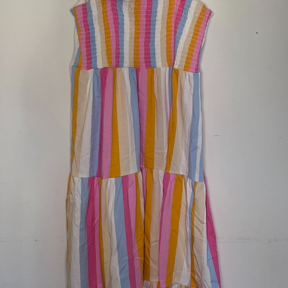 Versona Dress Tiered Maxi Vertical Strips Apron Front Elastic Panel Back Size M